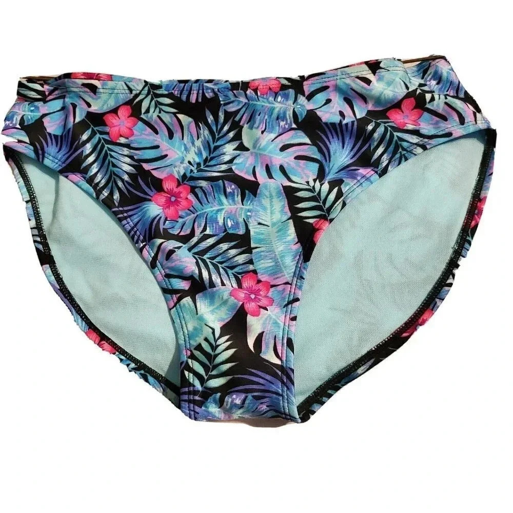 More Than Magic Bikini Bottom Girls XXL 18 Swim Black Teal Floral‎ New